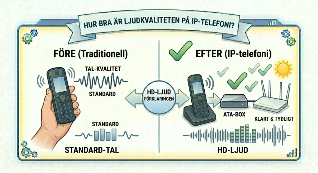 Infografik som visar att ljudet på dina telefonsamtal blir bättre med IP-telefoni tack vare att allt går digitalt.