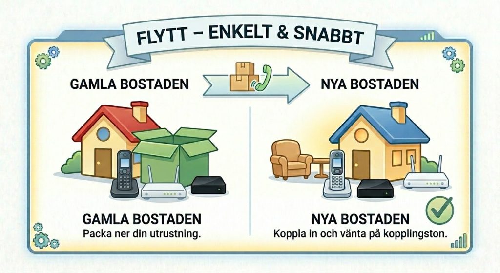 Infografik som visar hur enkelt och snabbt du får igång din hemtelefoni när du flyttar till ny adress.