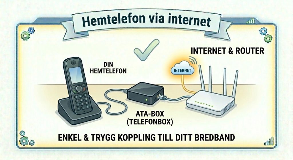 Infografik som enkelt visar hur hemtelefon via internet fungerar.