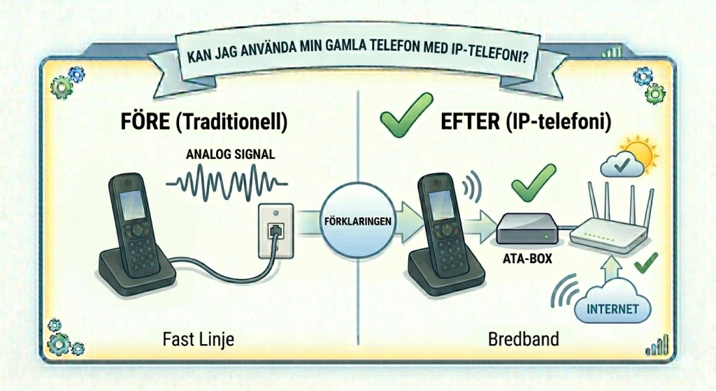 Infografik som visar hur enkelt det är att koppla in din gamla telefon på modern IP-telefoni.
