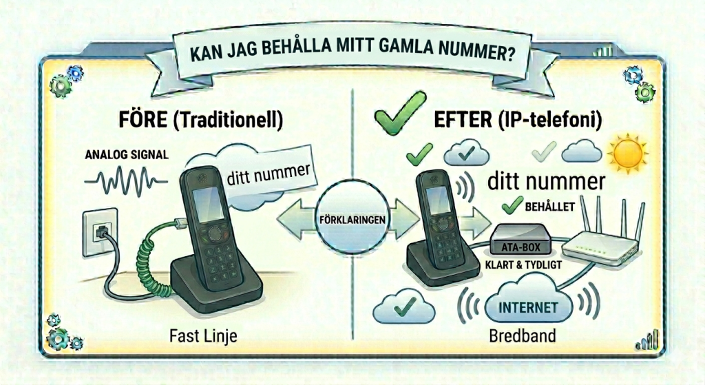 Infografik som visar att du kan behålla samma telefonnummer när du byter till IP-telefoni.