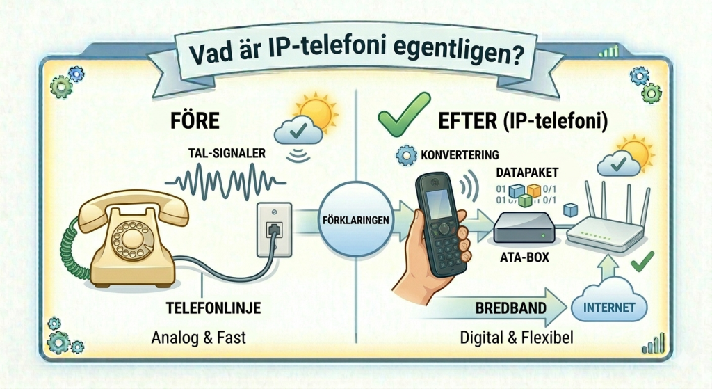 Infografik som visar hur IP-telefoni fungerar för din hemtelefon.