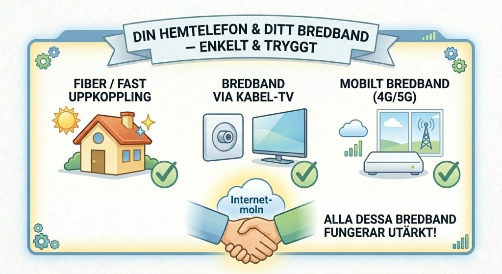 Infografik som visar att fiber, kabel-TV och mobilt bredband fungerar för IP-telefoni.